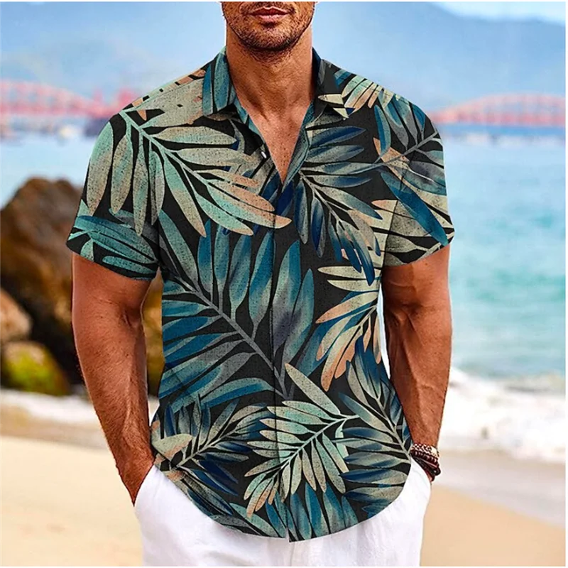 2023 Men's Shirt Leaf Print Lapel Button Shirt Outdoor Street Short Sleeve Clothing Oversized Fashion Designer Casual Soft 5XL