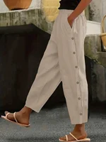 Plus Size Women's Solid Color Casual Straight-Leg Button Pants Dark Blue Comfortable All Season Wear No Stretch Pants