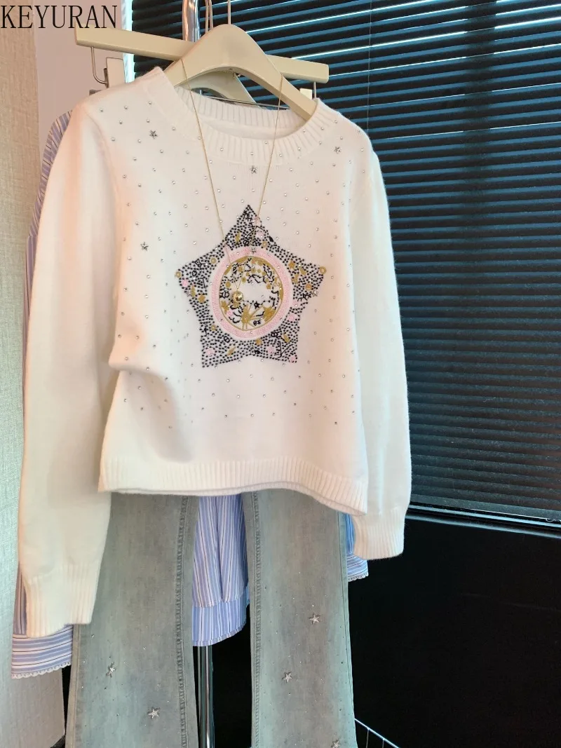 

Autumn New White Star Embroidery Rhinestone Knitted Sweater Women's Vintage Round Neck Long Sleeve Pullover Knitwear Tops Jumper