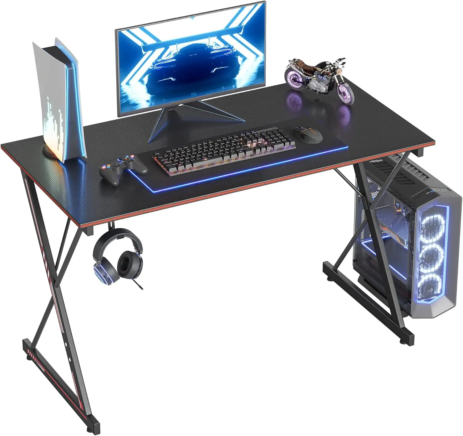 

47 Inch Gaming Desk with Carbon Fiber Surface, Headphone Hook & Adjustable Feet for PC Gamers and Home Office