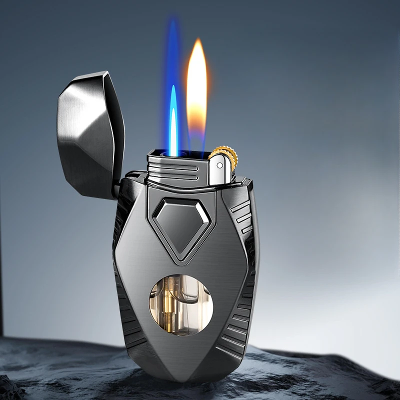 2026 Creative Double Flame Gas Lighter Grinding Wheel Ignition Metal Body Direct Injection + Open Flame Cool Mecha Style