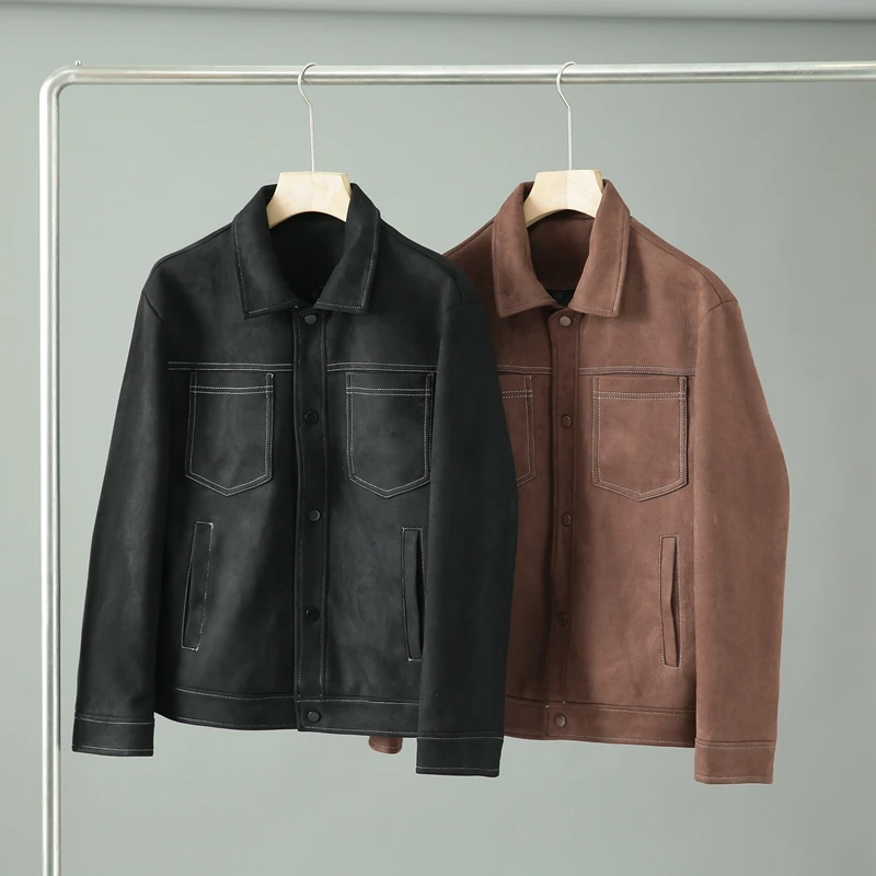 

Спецодежда в стиле ретро, замшевая ткань, мужская мода, мотоциклетный воротник, повседневная куртка-стойка, подходит для городского сна, молодежная осенняя длинная све