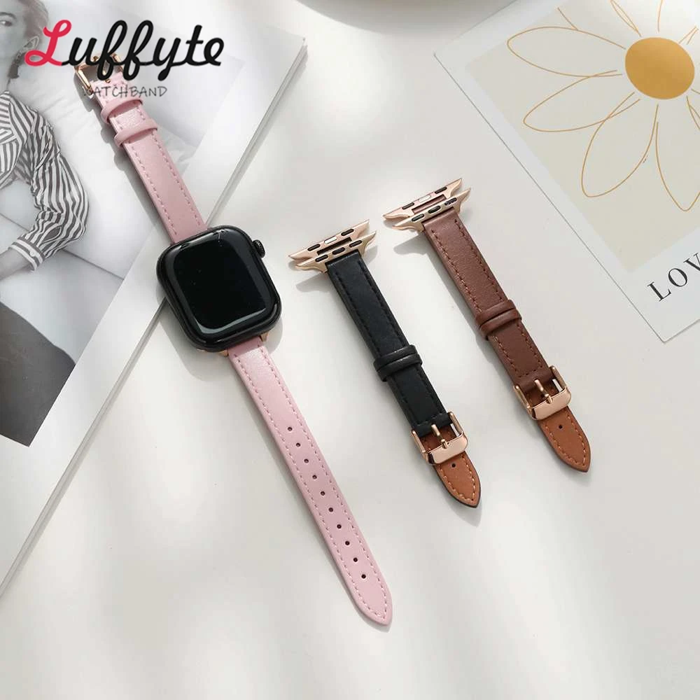 Schlankes Lederarmband für Apple Watch 1–10 Ultra SE 2, Damenarmband mit roségoldener Schnalle, 38 40 41 42 44 45 46 49 mm – Detail 4
