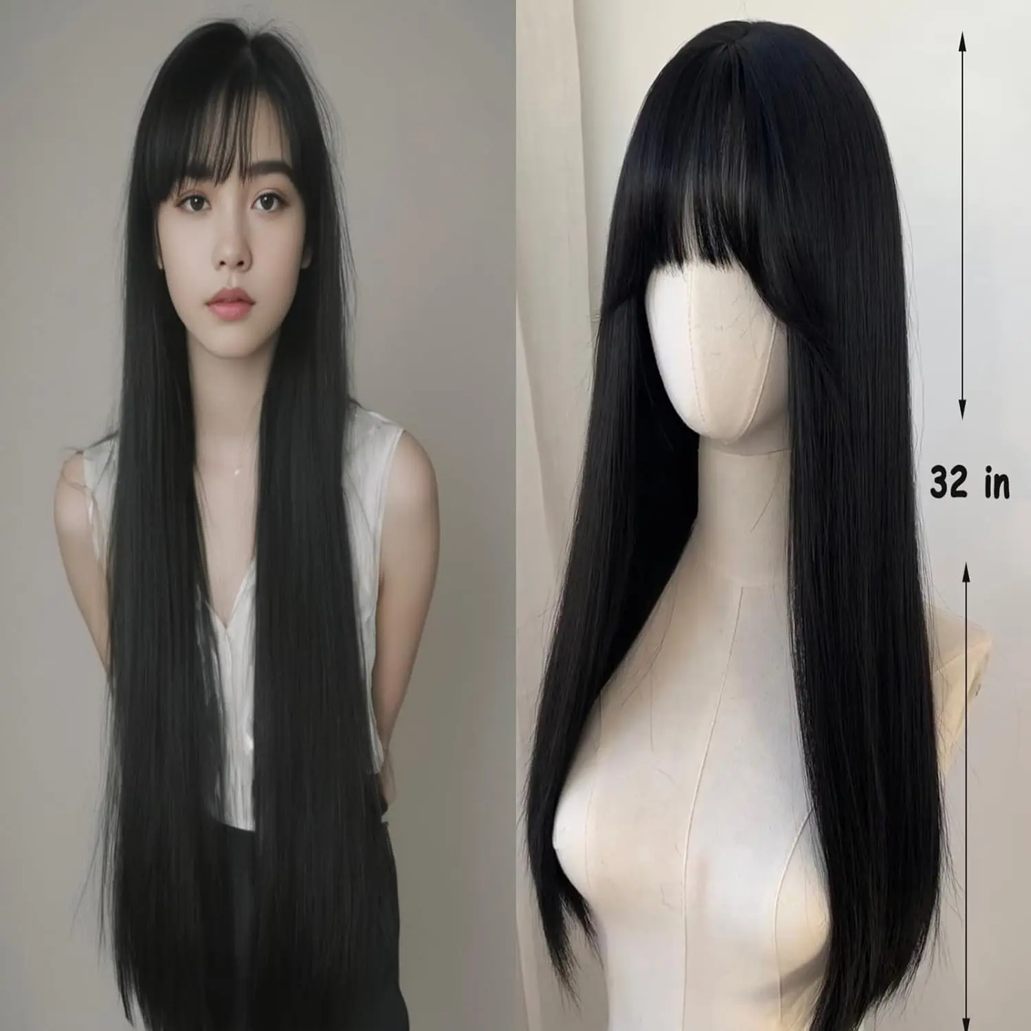 Inuyasha Sango Cosplay Long Black Wig with Bangs Straight Black Wig Cosplay Costumes for Women Anime Synthetic Wigs Girl Party
