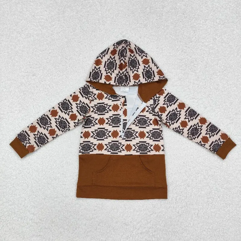 Western high quality clothes argyle print zipper brown pocket hooded top Casual Western children boys vintage Clothing