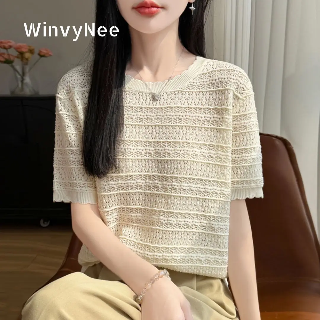 WinvyNee Women Clothing Fine Needle Worsted Wool O-Neck Hollow Crochet Short Sleeve T Shirt Pullover Street Tops Daily ZA1807006