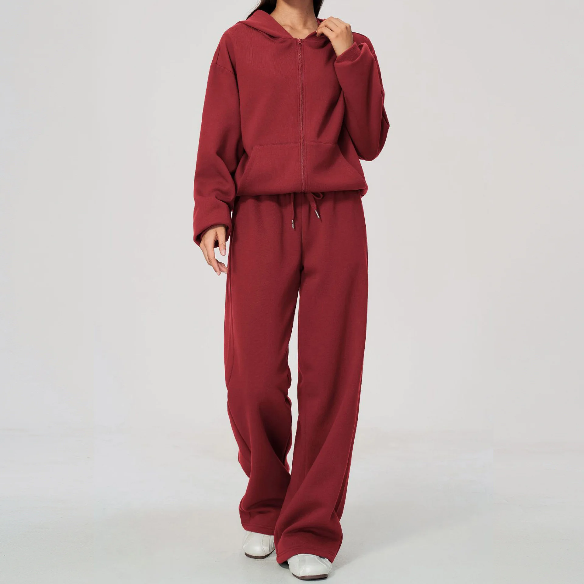 Autumn Winter Warm Sportswear Zipper Long Sleeve Loose Hooded Coat Wide Leg Pants Tracksuit Casual Workout Fitness Running Suit