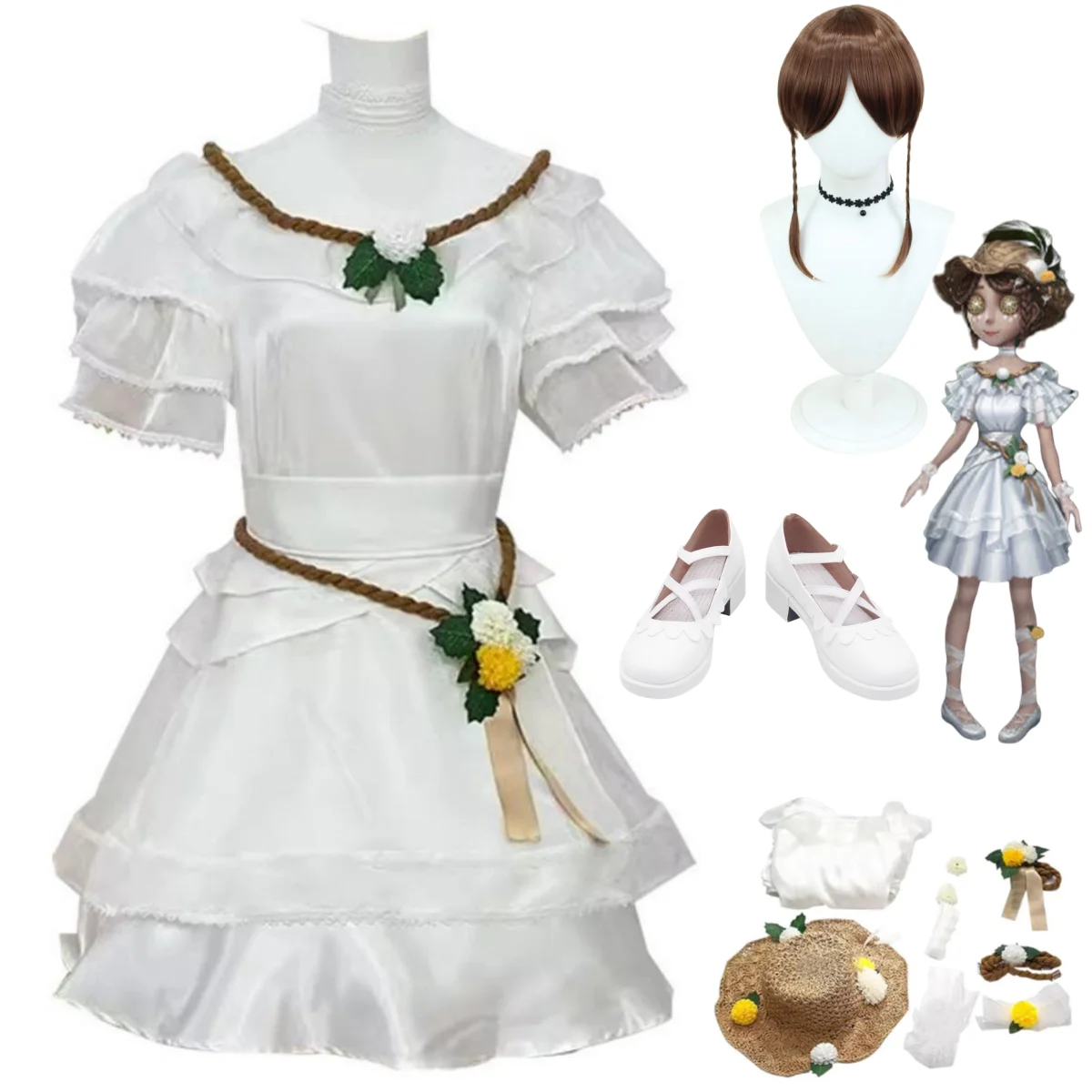 Anime Game Identity ⅤEmma Woods Gardener Cosplay Costume Wait for The Wind White Dress Wig Shoes Woman Lovely Carnival Suit