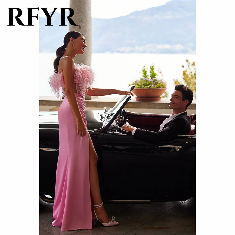 RFYR Feather Strapless Pink Prom Dresses Sexy Sleeveless Side Split فستان حفلات الزفاف Stain Mermaid Party Dresses For Women