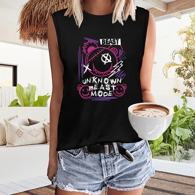 

Women's Summer Casual Loose Size Beast Mode Graffiti Print Round Neck Sleeveless Tank Top T-shirt