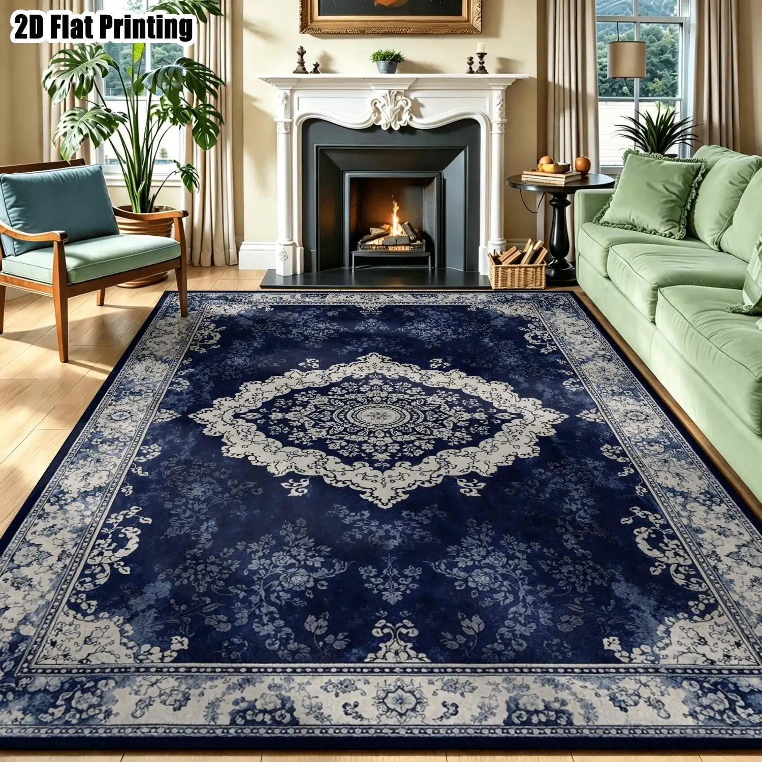 1Pc 2D Printed Dark Blue Floral Pattern Carpet: European Vintage, Bohemian & Geometric Style, Home Decor, Multi-Size, Machine Washable, Multi-Scene Use