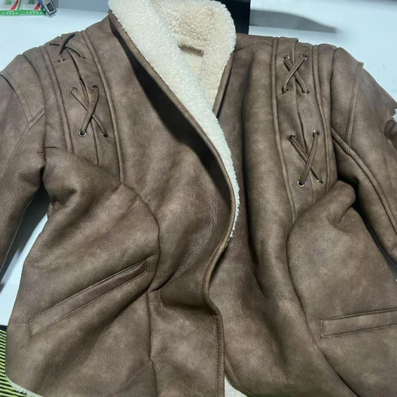 Women Sheepskin Neck Spliced Faux Leather Coat With Belt Fashion Loose Lapel Pocket Overcoat Lady Winter Warm Thicken Streetwear