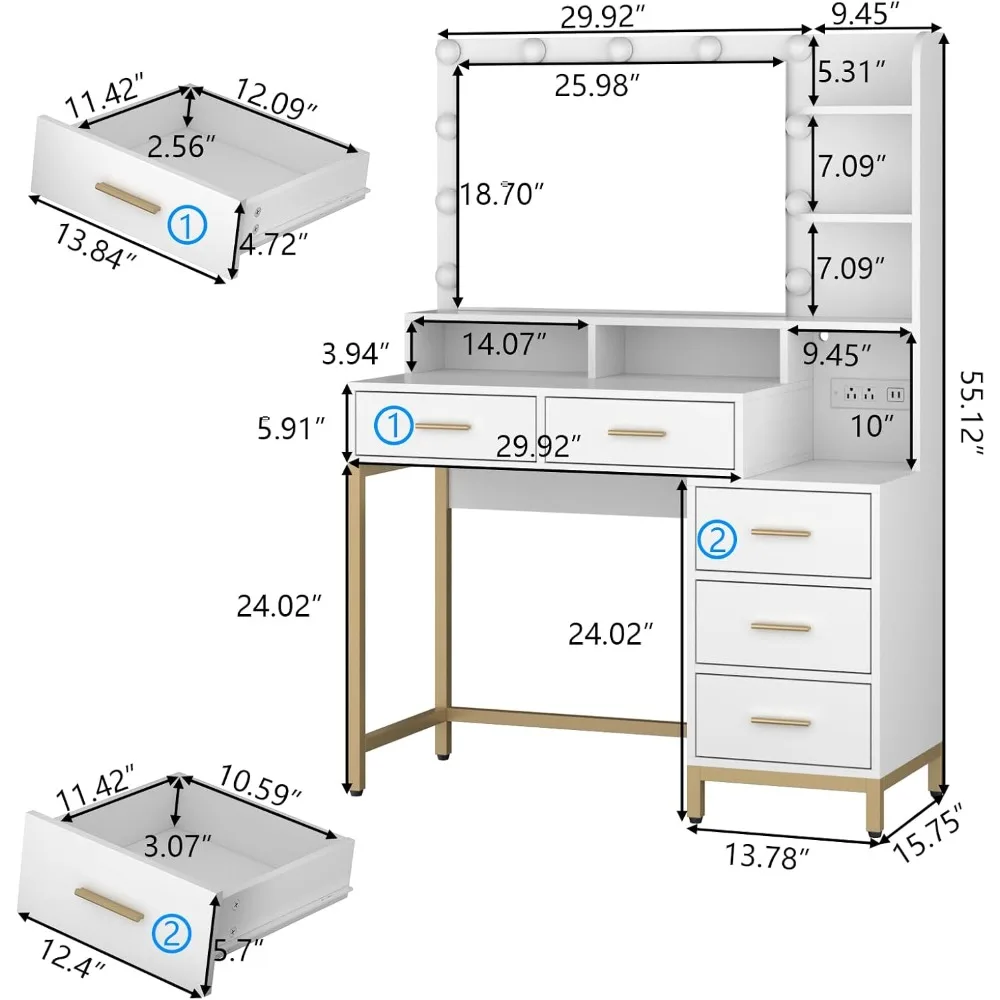 Dressing Table with Lighted Mirror,Power Outlet,5 Drawers,Vanity Dresser with 11 Lights in 3 Lighting Colors, Vanity Makeup Desk