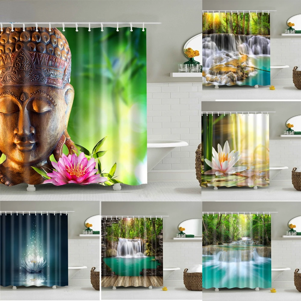 Rural Landscape Creek Stone Lotus Buddha Shower Curtain Bathroom Curtain Frabic Waterproof Polyester Bath Bathtub Screen Curtain