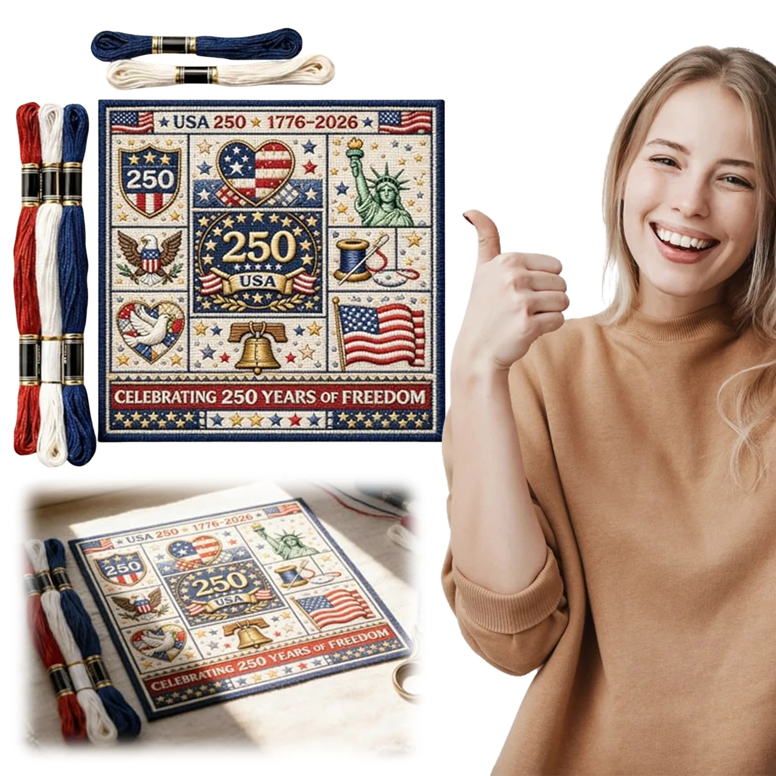 

USA 250th Anniversary Complete Needlework Craft Kit 24x24cm 1776-2026 Patriotic Stamped with Threads & Needle for Beginners