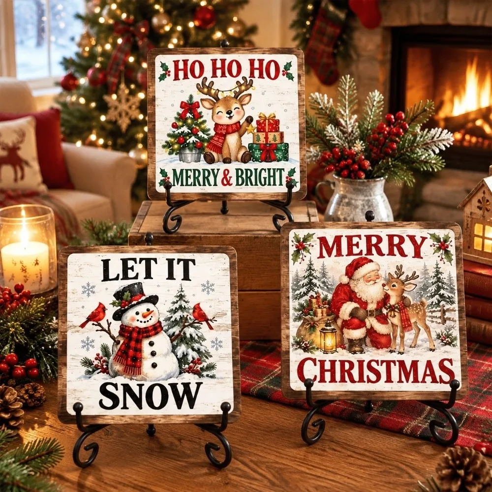Reindeer Christmas Wooden Decorations Snowman Home Decor Santa Claus Ornaments 2D Flat Rustic Style Desktop Decorations Holiday