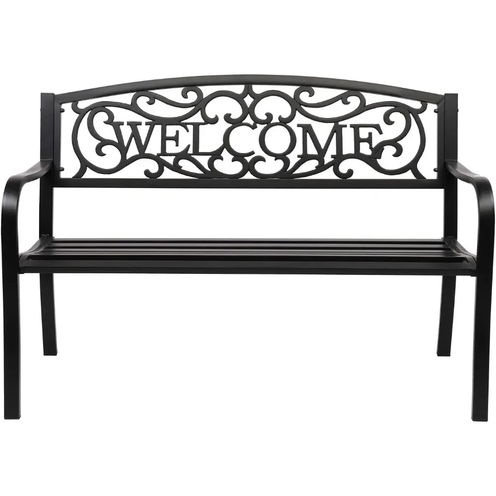 

Outdoor Bench for Patio Metal Garden w/PVC Back Pattern, Steel Black outdoor Park for Yard Lawn Decor Deck Entryway