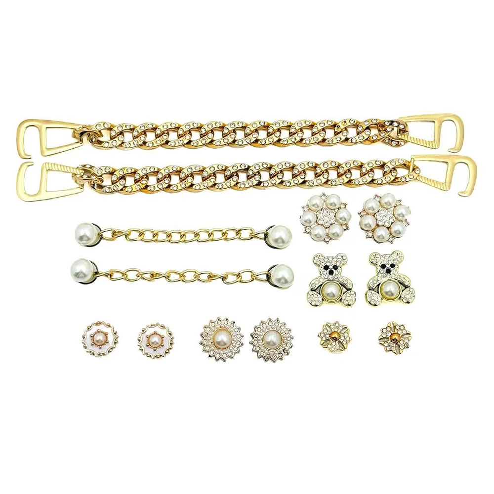 12/14Pcs Fashion Shoe Charms Set for Sandals Clogs Pins Accessories Golden Bear Pearl Chain Personalized Sneaker Decorations