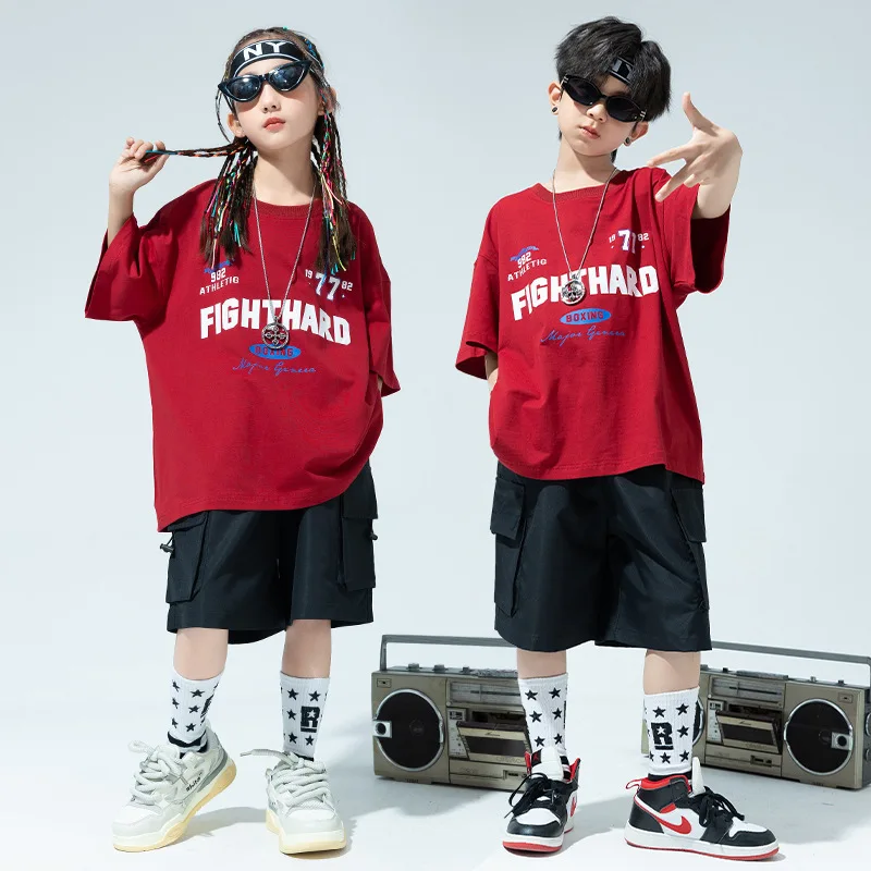 

Kid Hip Hop Clothing Wine Red Graphic Tee T Shirt Top Black Casual Summer Cargo Shorts for Girl Boy Jazz Dance Costumes Clothes