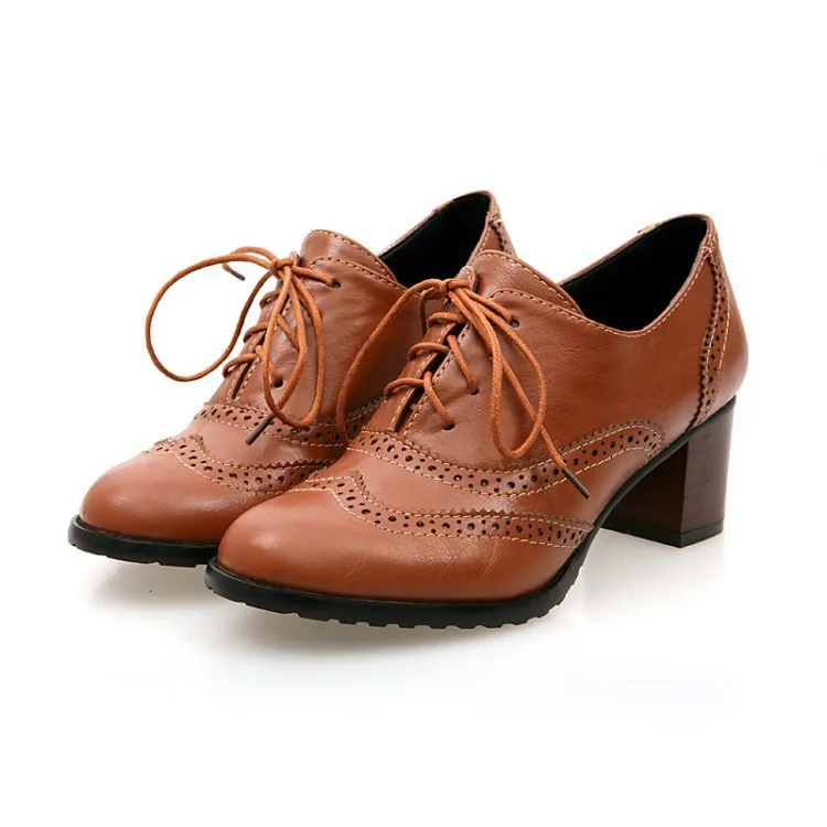 New 2023 Women Pumps Round Toe 5.5cm Wood Heels Platform Brogue Student Carved Retro Lace-Up Classic Spring