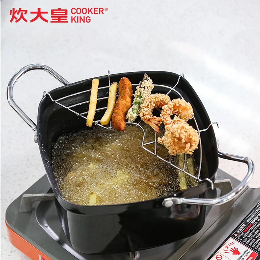 

COOKER KING Oil Fryer Small Multifunctional Japanese Style Frying Pan with Strainer Cooker Easy Clean Non-stick Fryer
