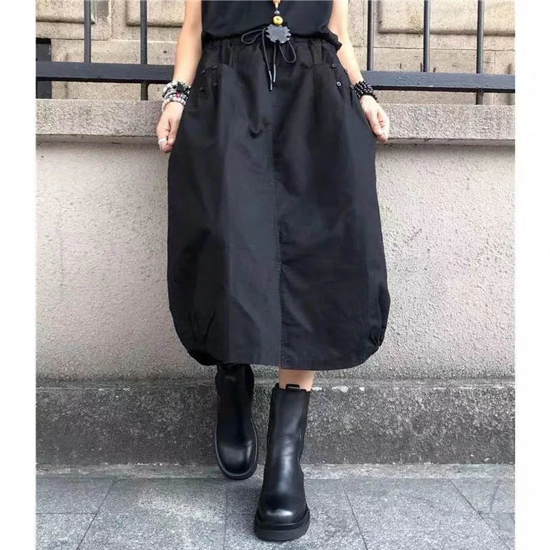 Summer New Women Solid Color Elastic Waist Pure Cotton Appear Thin Black Forking Flower Bud All-match A-word Half Length Skirt