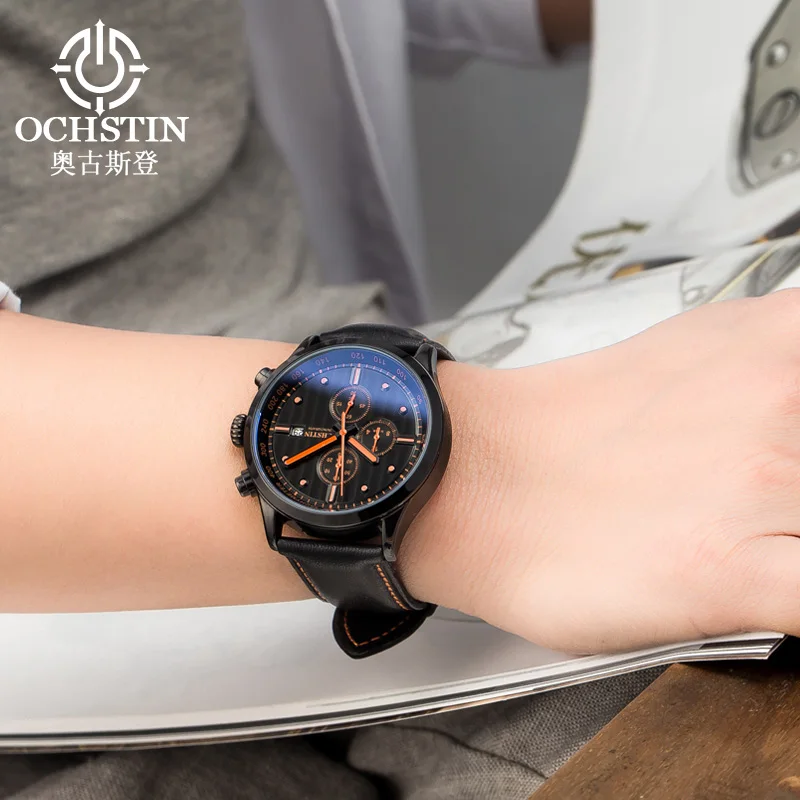 OCHSTIN Quartz Men Watch Date Chronograph Stopwatch Leather Strap Business Male Clock Sports Military Wristwatch Reloj Hombre