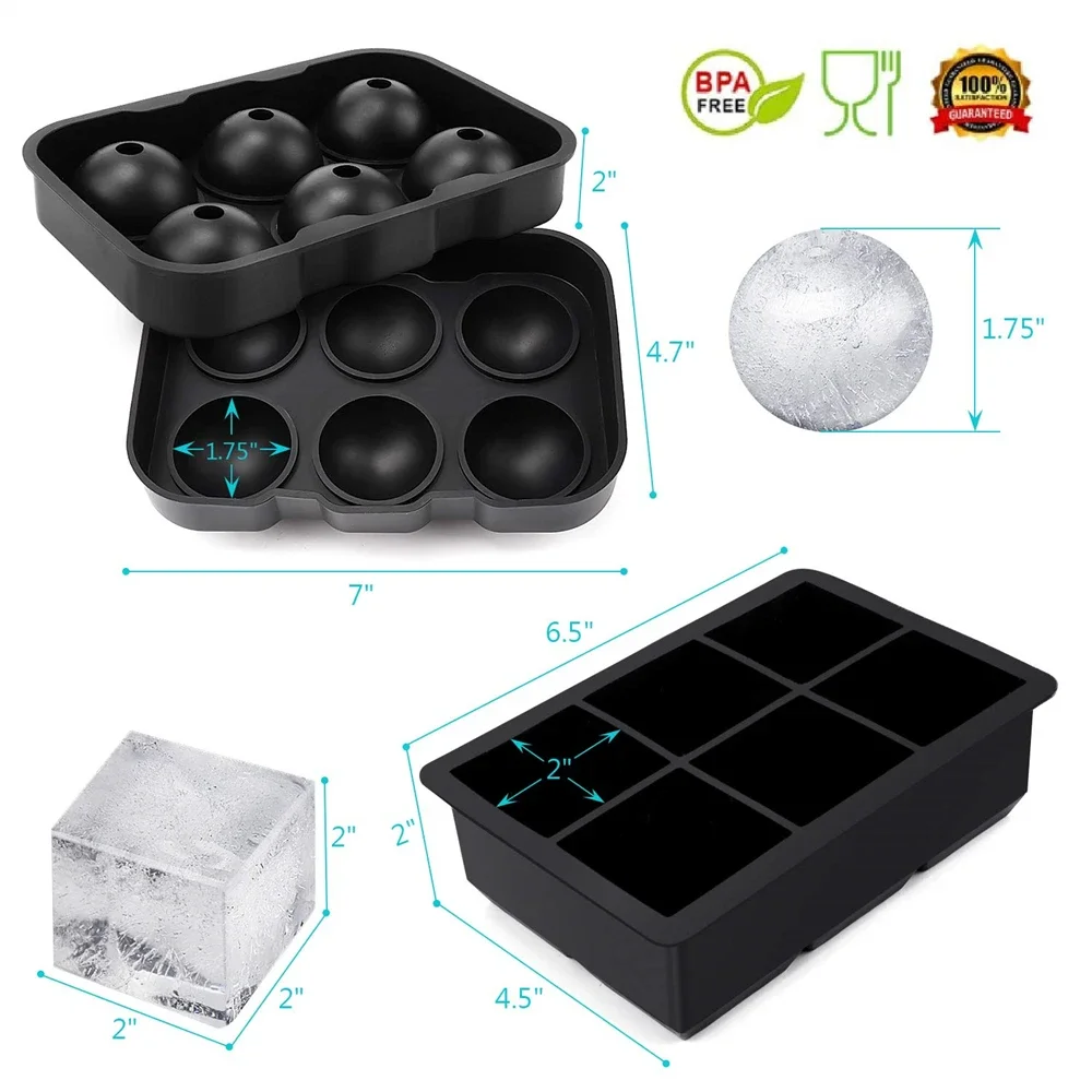 4/6 griglia Big Ball Square Ice Cube Mold Silicone Ice Cube Maker fai da te rotondo grande vassoio per cubetti di ghiaccio per congelatore bevande