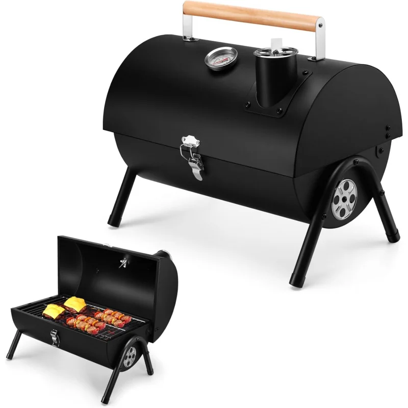 

Portable Charcoal Grill with Thermometer: Small Tabletop Barbecue for Outdoor Camping, Backyard Parties & BBQ Cooking – Steel