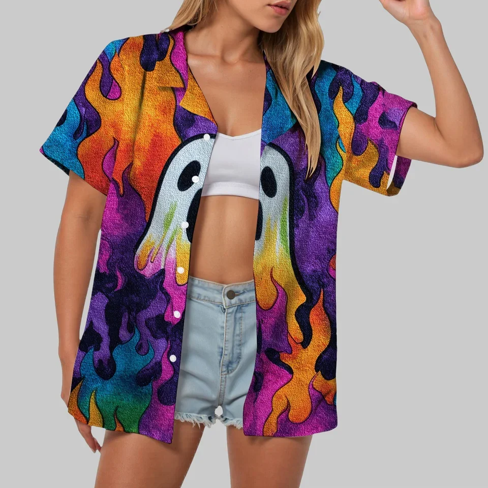 Women Shirt Soft Cool Summer Hallowmas T Shirts Beach Print V Neck Button Up Tops Short Plus Size New Korean Fashion Blouses