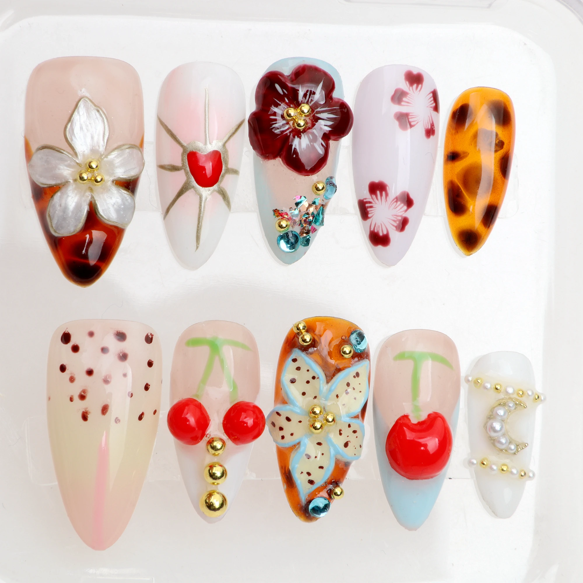 10Pcs 3D Press Manicure Medium Almond Fake Nails Unique 3D New Cut Flowers Press On Nails Design with Adhesive Nail File Set