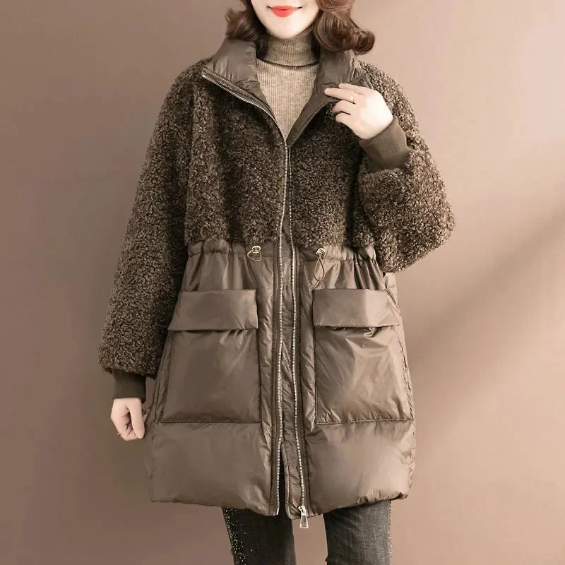 Women Long Cotton Padded Jacket Winter New Lambswool Jacket Loose Fashion Warm Down Cotton Jacket Casual Hooded Parka Overcoat