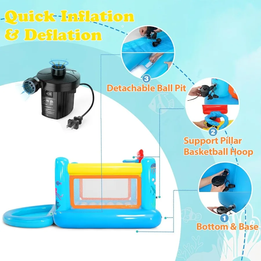 Aufblasbare Hüpfburg für kleine PVC-Hüpfburg, Spielhaus, Pullover, abnehmbarer Bällebad, Basketballkorb, Hopscotch-Spiel, Luftpumpe