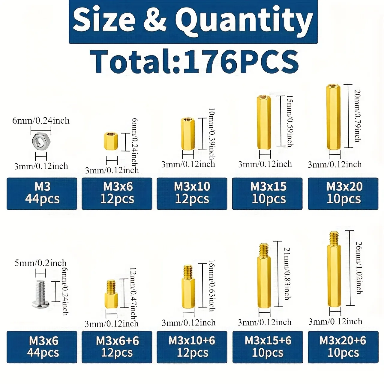 176/216Pcs M3 Brass Single and Double Pass Hexagonal Column Copper Combination Set, Cross Round Head Screws and Nuts Mixed Pack