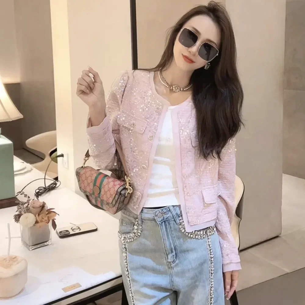 

Spring Summer Sequin Pink Jacket Woman Korean Fashion Sweet Small Fragrant Wind Coat Ladies O-neck Casual Long Sleeve Outetwear