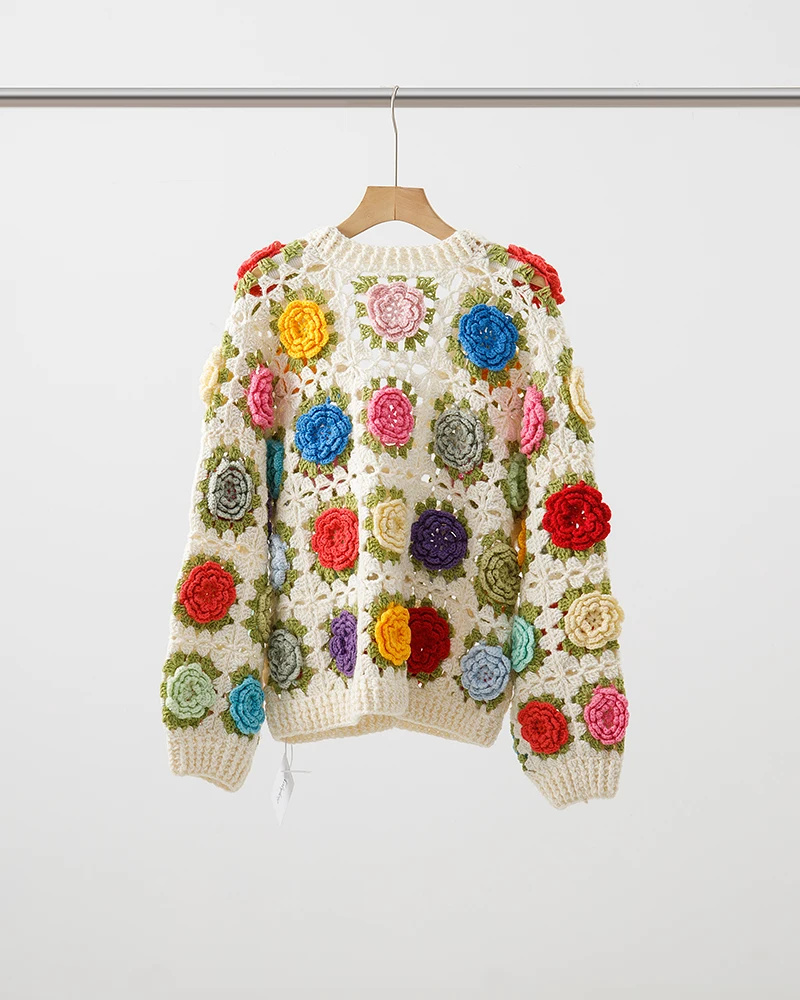 Jastie Heavy Sweater Cardigan Hand Hook Three-dimensional Flower Hollow Sweet Sweater Cardigan Jacket Luxury Design Knitted Top