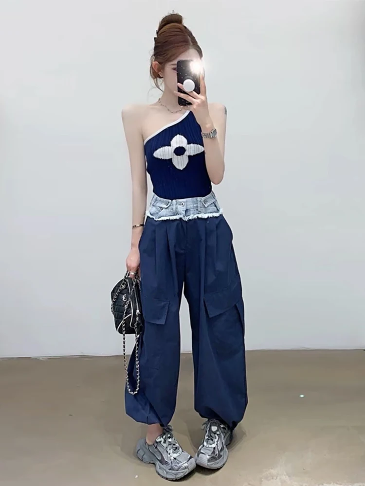 

Summer Korean Style Spicy Girl Skinny Slanted Collar Knitted Tank Top+Color blocked Waist Cargo Pants Trendy Two Piece Set