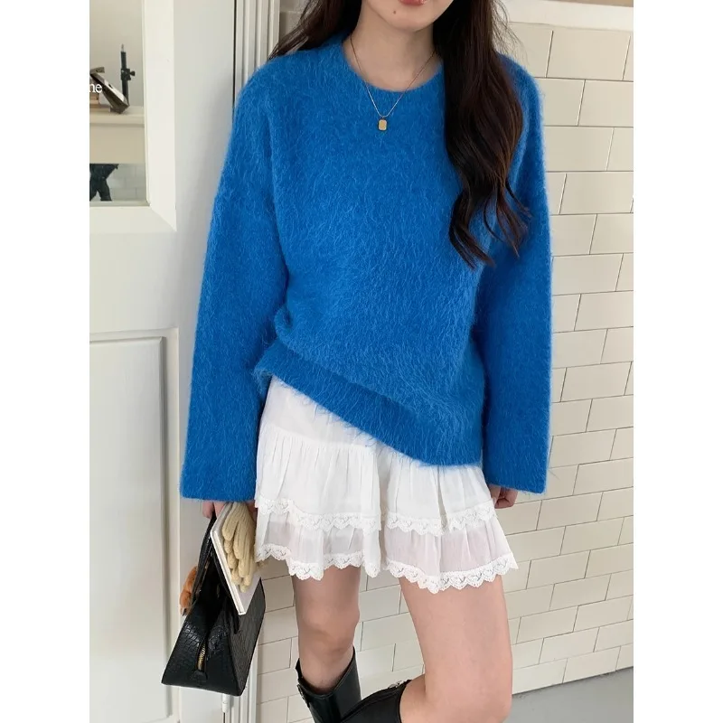 

Свободный пушистый свитер с круглым вырезом, трикотаж