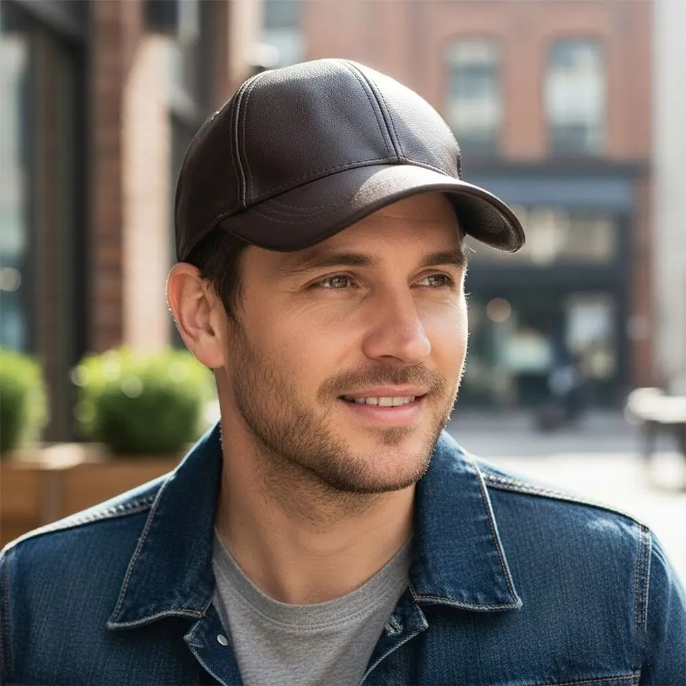 قبعة بيسبول دافئة من جلد البولي يوريثان بلون سادة مقاومة للرياح قبعة ريترو مبطنة بالصوف قبعة رجالية قابلة للتعديل للشتاء