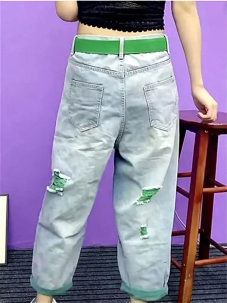 summer-women's-fashion-beaded-holes-loose-jeans-high-waist-ladies-casual-comfortable-denim-pants-for-warm-weather