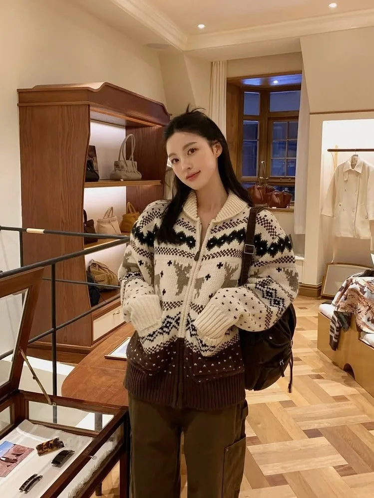 

Christmas Theme Knitted Sweater Jacket Ceramic Sparkle Loose Fit Cardigan Style Warm Thermal Nylon Long Sleeve Coat