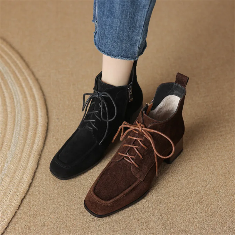 

New Autumn Winter Sheep Suede Women Shoes Square Toe Retro Lace Up Short Boots for Women Chunky Heel High Heel Women Boots