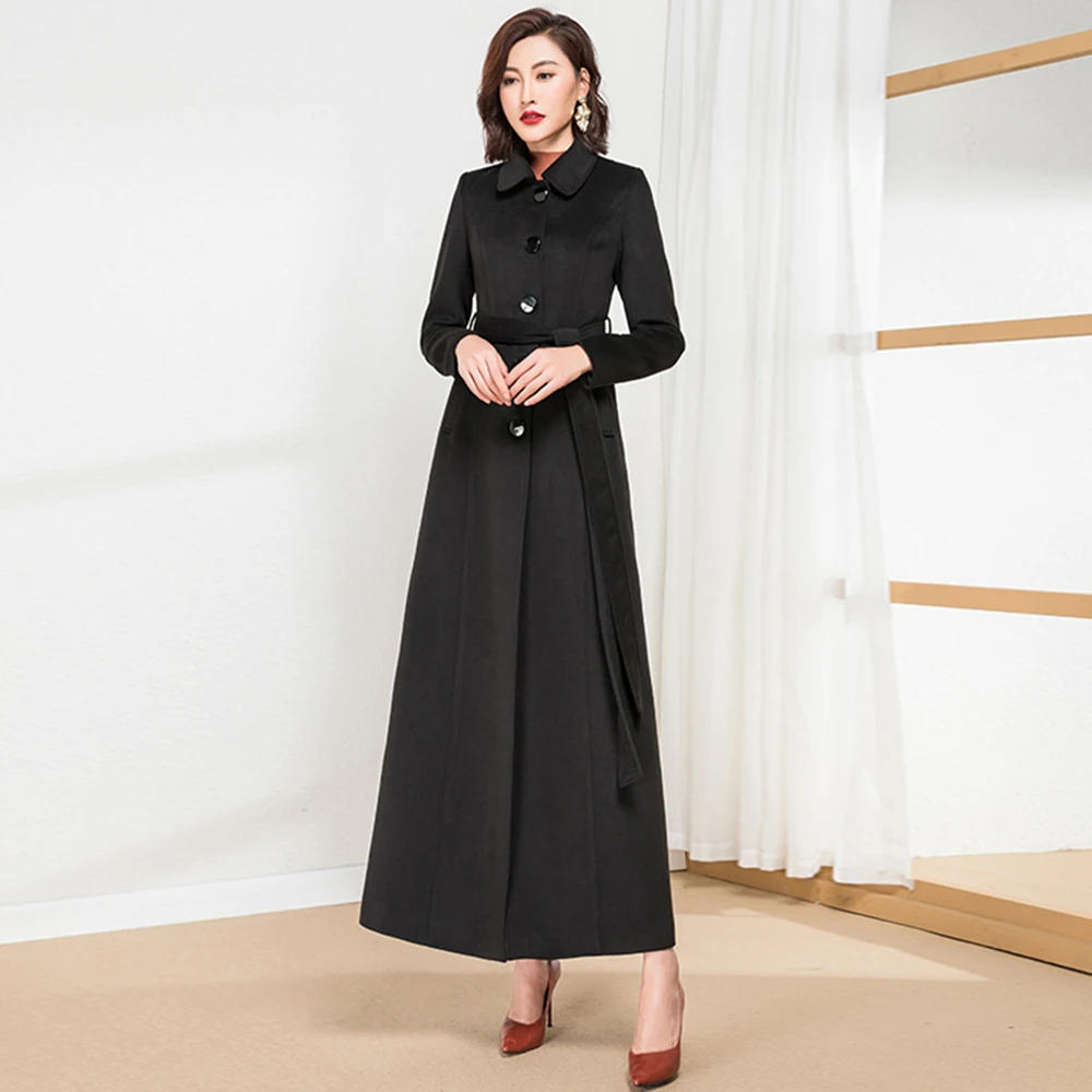 New Women Woolen Coat Autumn Winter Vintage Hepburn Style Belt Slim Long Wool Blends Overcoat Female Black Overlength Coat