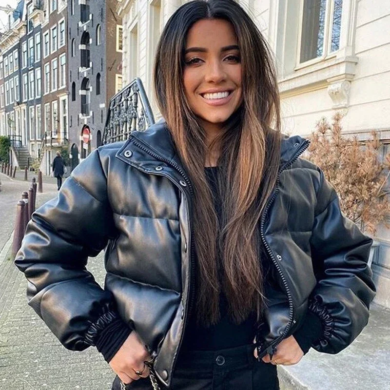 Winter dicke Frauen kurze Parkas warme Mode Pu Leder mäntel schwarze Baumwolle gepolsterte weibliche Daunen jacke elegante Reiß verschluss Kleidung