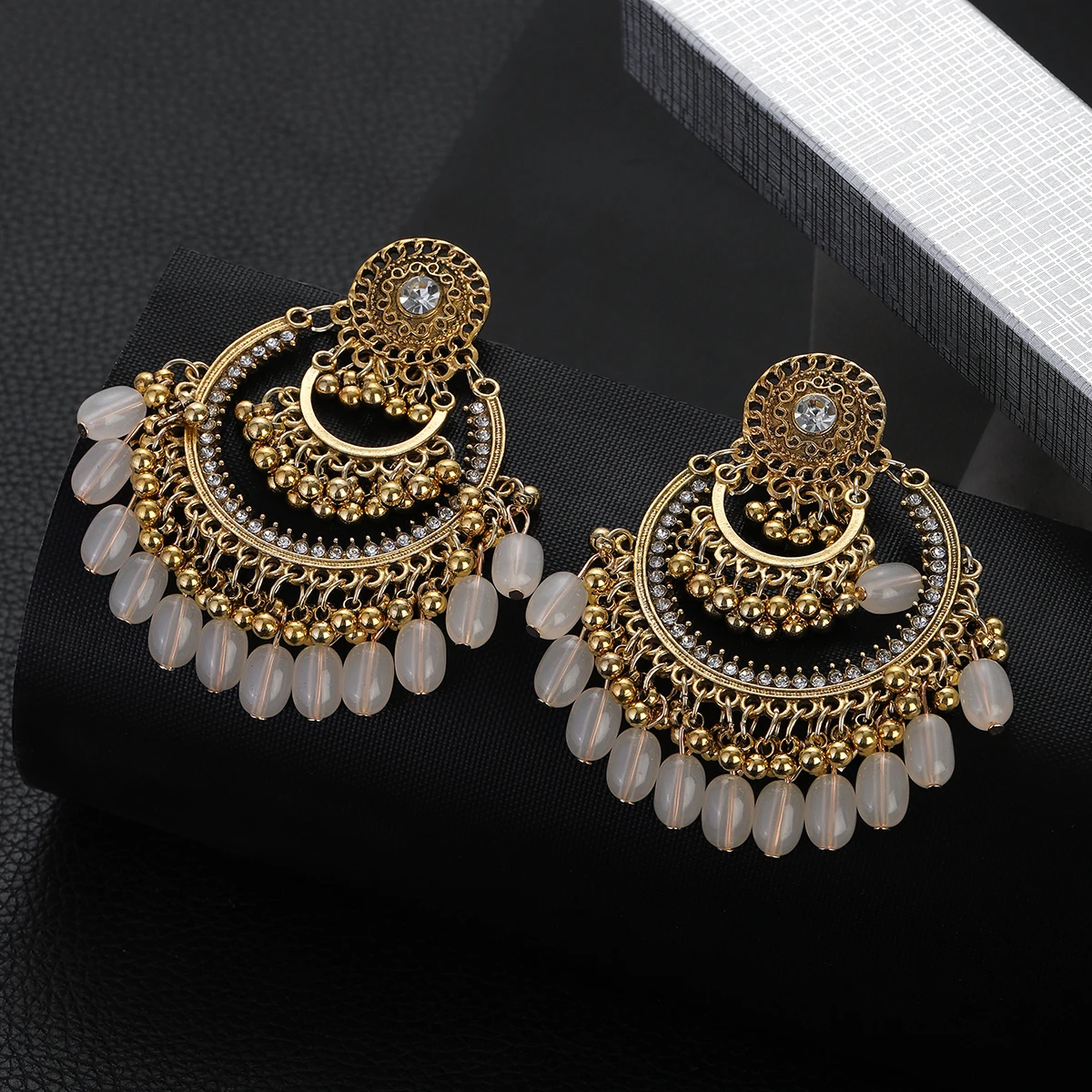 Boho Vintage Colorful Crystal Earrings for Women Retro Gold Plated Round Beads Tassel Earrings Wedding Party Jewelry Gifts