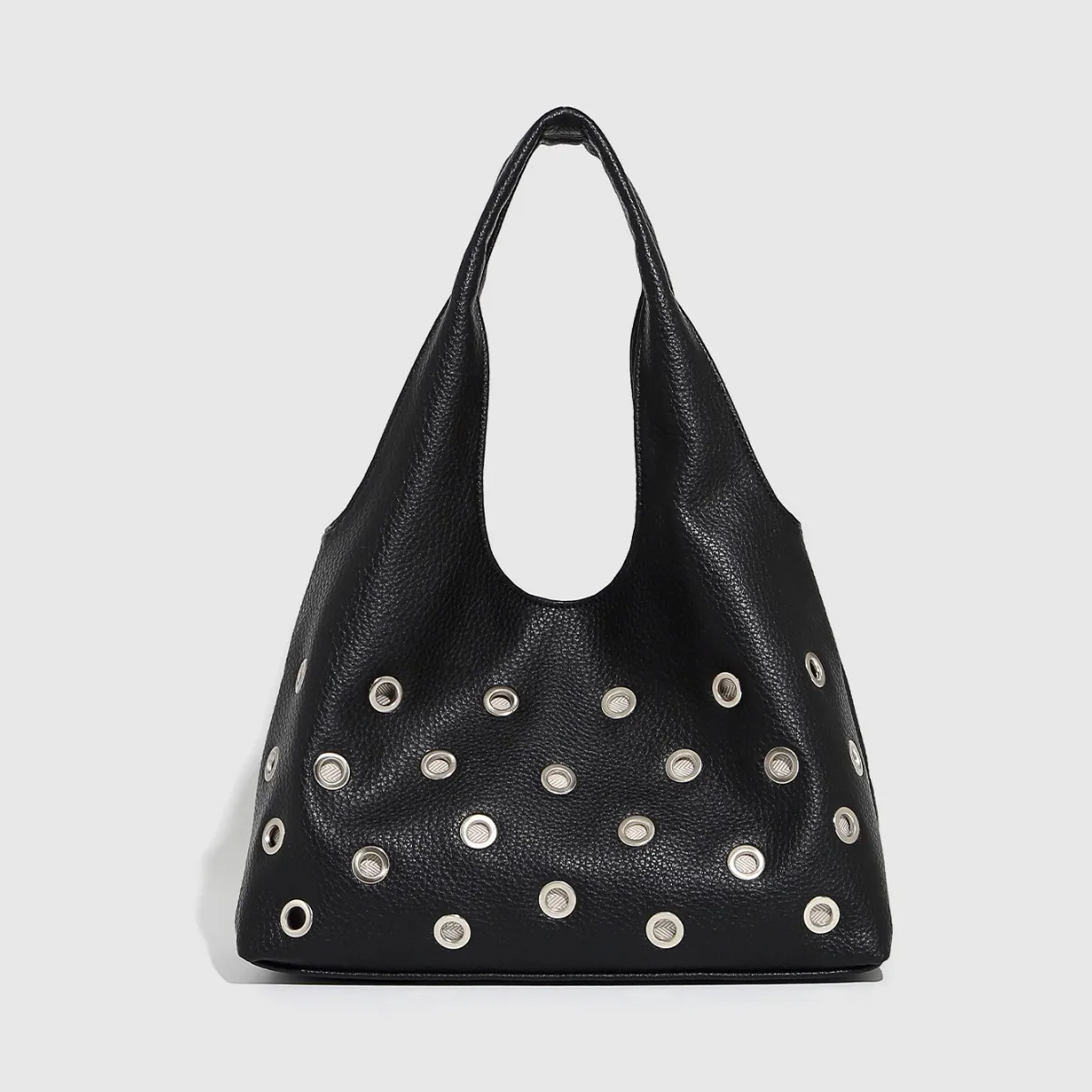

Punk Rivet Women Shoulder Bag Soft PU Leather Tote Bags for Women Handbag Half Moon Hollow Studded Shopper Tote Bucket Bags NEW
