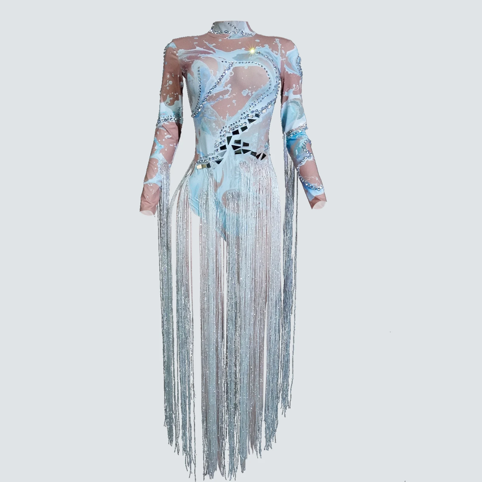 Spark Light Green Mirror Fringes Rhinestones White Bodysuit Leotard Party Dance Singer Nightclub Showgirls Stage Drag Costumes