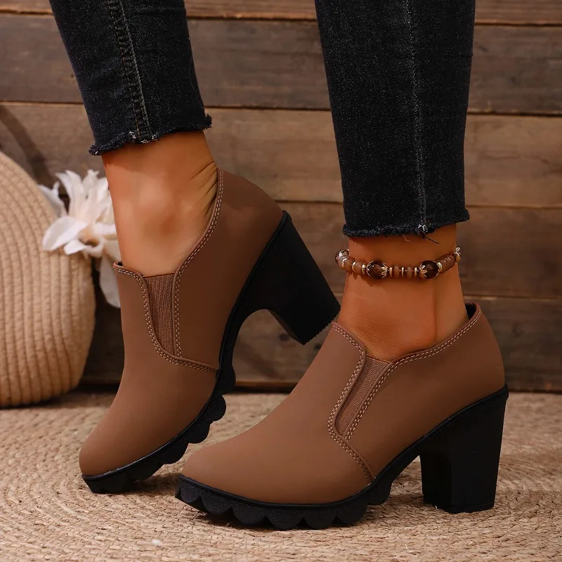 

Slip-on High Heels Fashion Round Toe Deep Mouth Soft Sole Non-slip Wear-resistant Block Heel Low Top Shoes