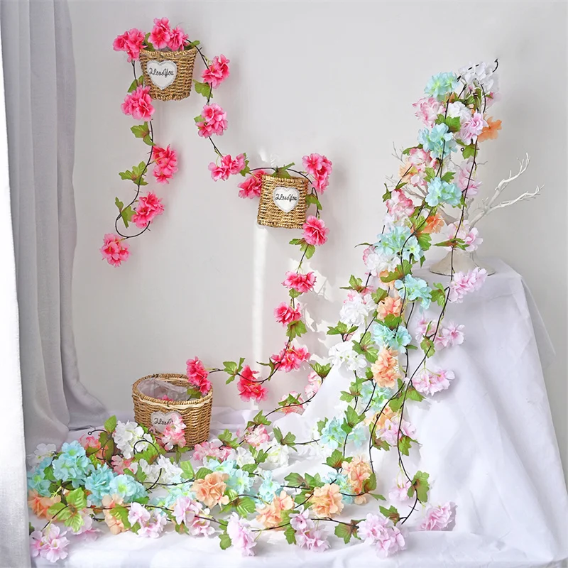 

18 Head Simulated Cherry Blossom Vine 2.4m Wedding Arch Prop Decoration Display Window Rattan Silk Flower Wholesale DIY Wreath