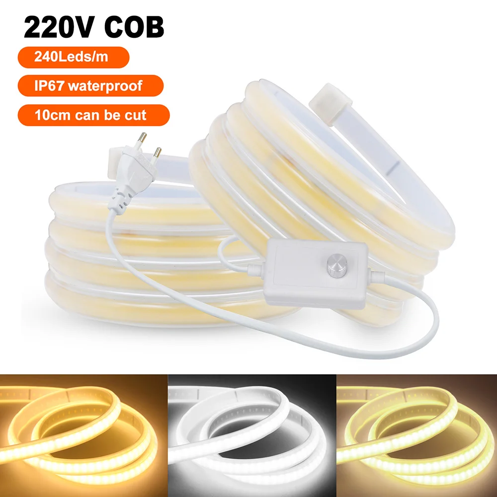 

AC 220V LED COB Neon Light Strip Dimmable Flex Silicone Neon Lamp Switch Dimmer EU Power Kit 240LED High Density Linear lighting